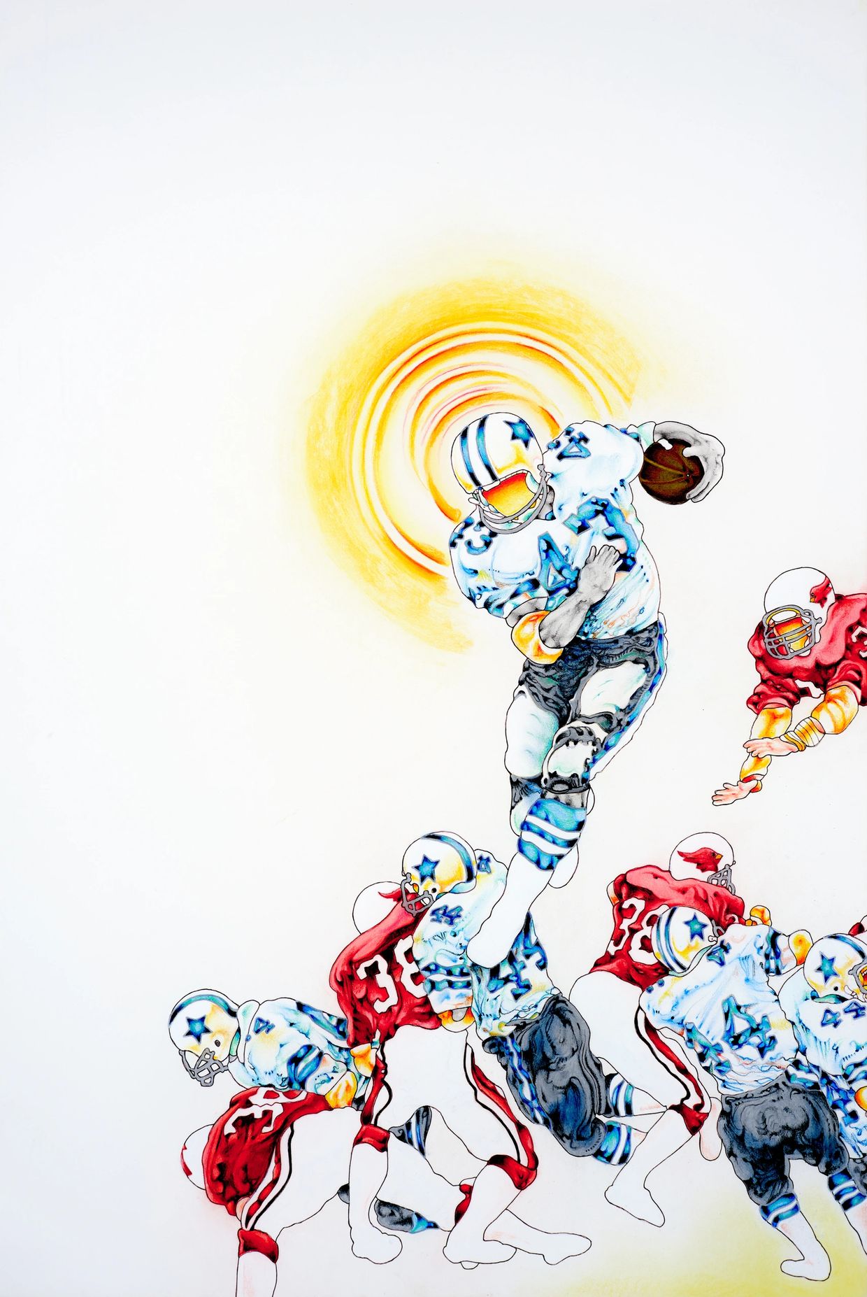 Abstract football players in action with vibrant colors and dynamic movement.