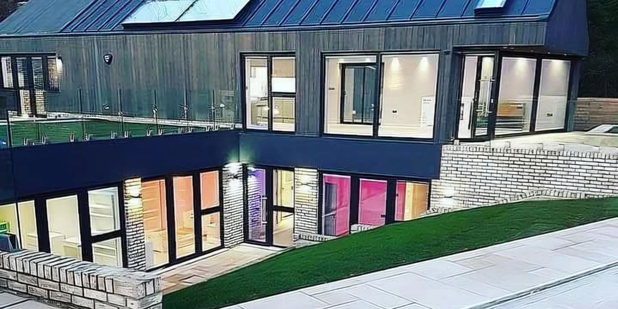 Modern two-story house with large windows and outdoor lighting.