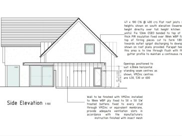 Architectural side elevation drawing of a house design.