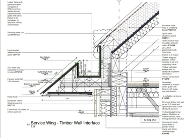 Technical drawing of timber wall interface in service wing.