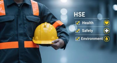 Worker holding yellow helmet with HSE focus on health, safety, and environment.