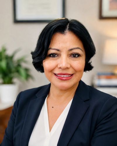 Professional woman with short black hair smiling.