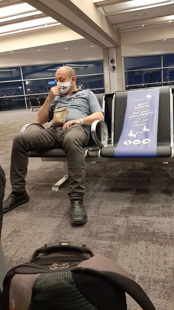 Ariel Lichak at BG Airport, waiting for our flight to Paris, then to Argentina l