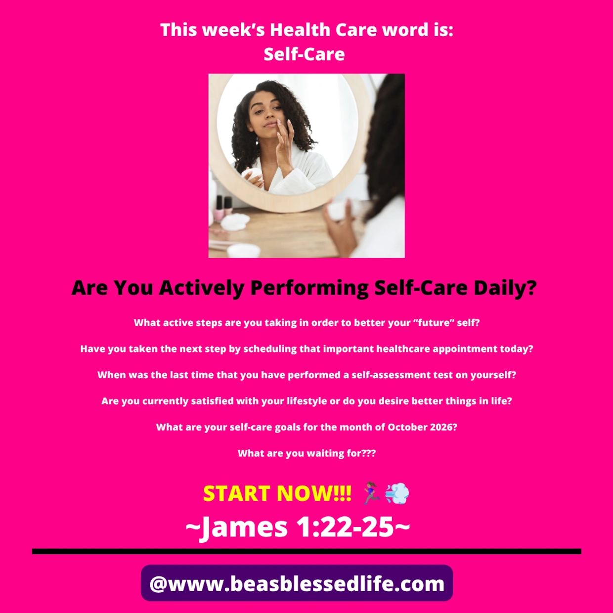 Self-care weekly reminder with questions to encourage daily health steps.