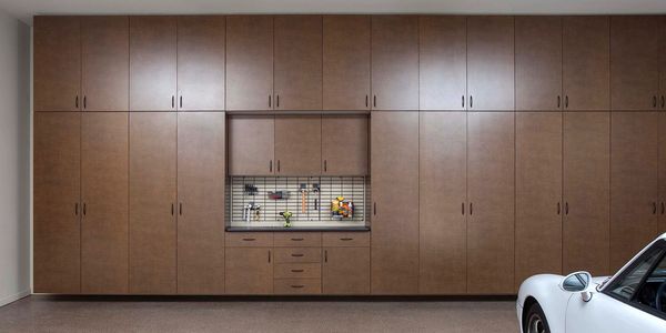 Floor to Ceiling Garage Cabinets in Bronze Finish