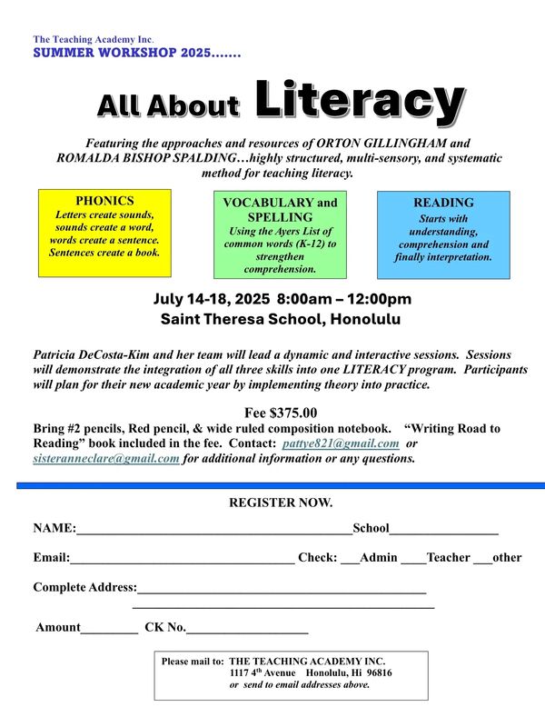Flyer for Summer Workshop 2025 focused on literacy skills in Honolulu.