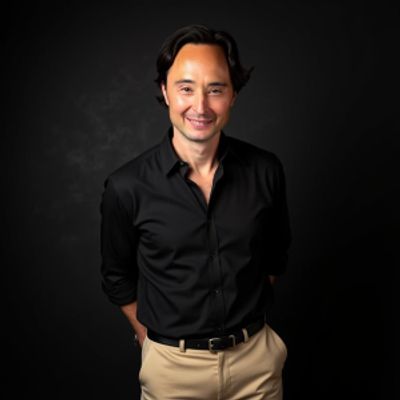Smiling man in black shirt and beige pants against a dark background.