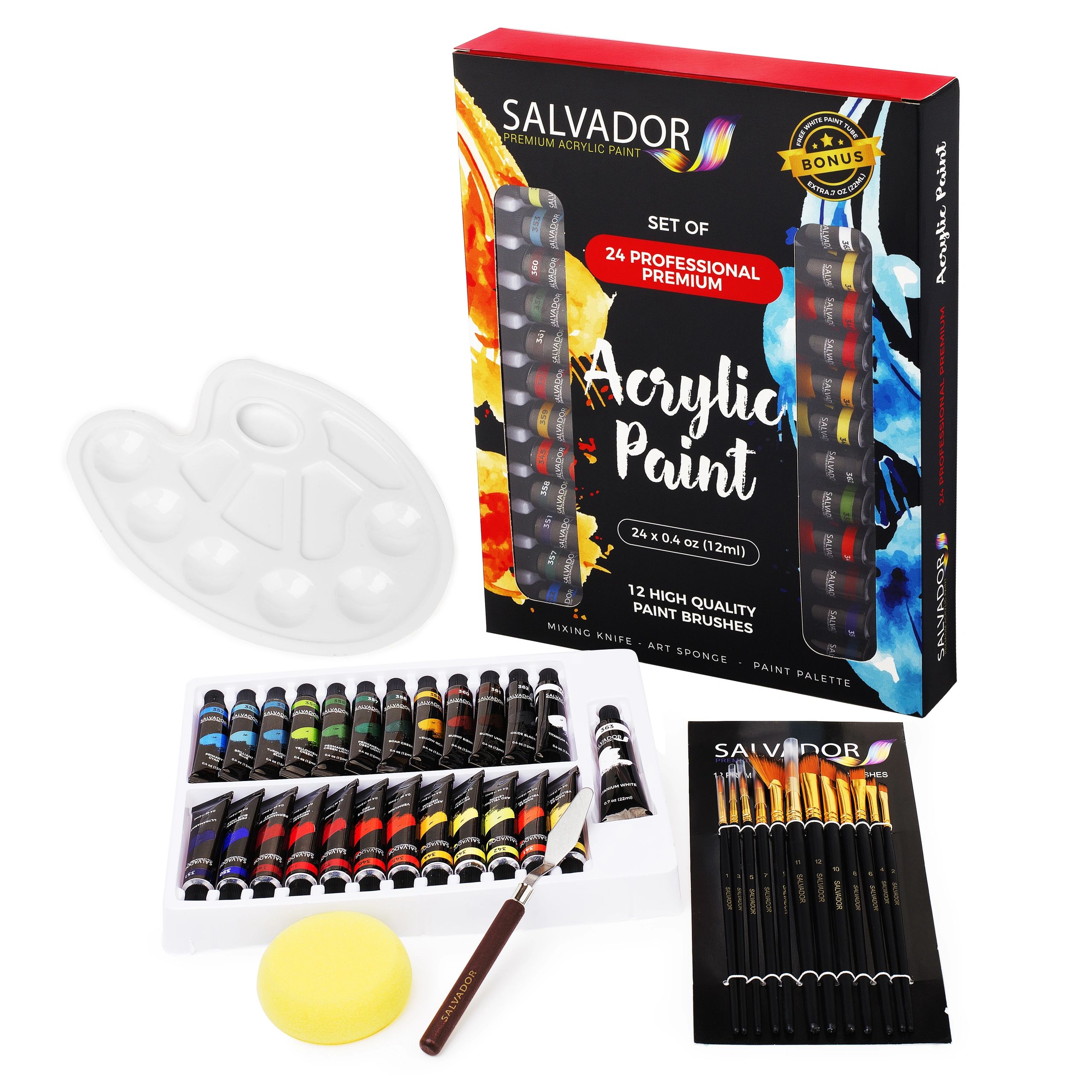 Salvador SALVADOR Acrylic Paint Brush Set with Pallete - 12