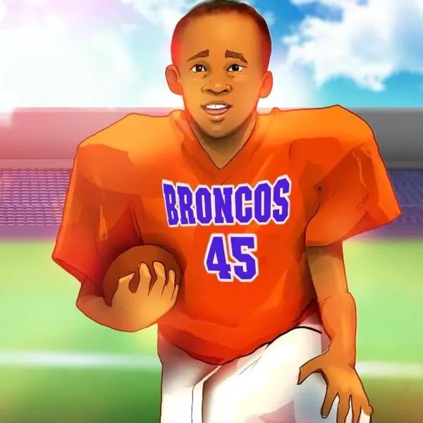 Football portrait of child kneeling in a jersey smiling.