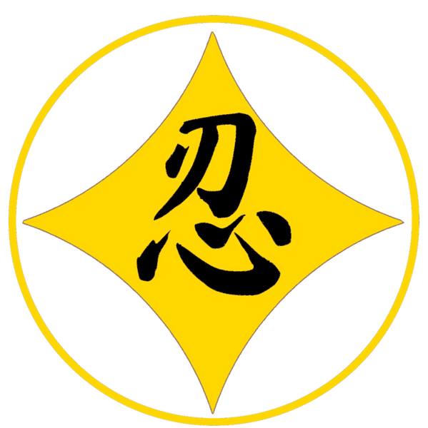 Yellow diamond with black Japanese kanji for patience inside a yellow circle.