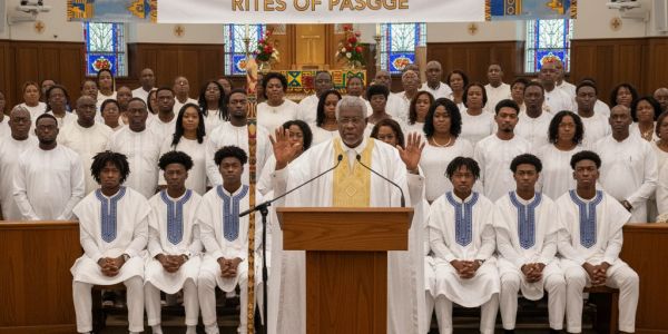 A group gathered in a church for a special ceremony.