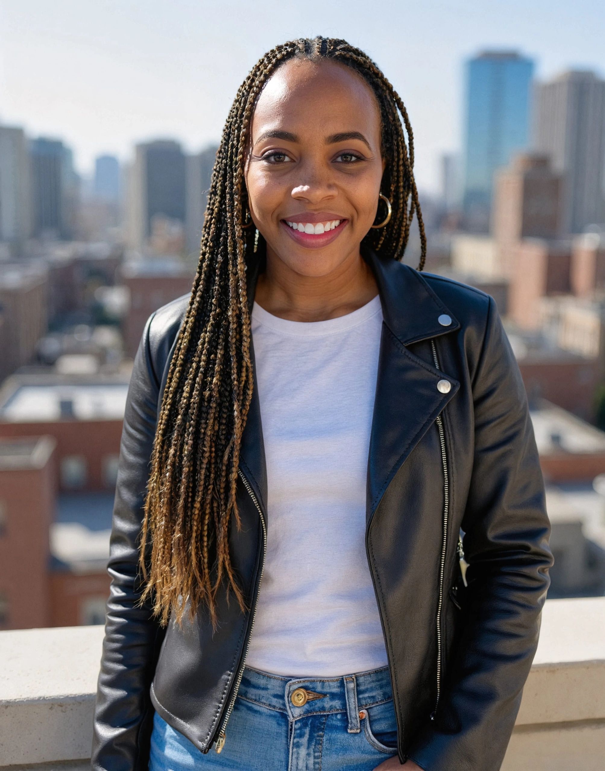 Smiling woman with braided hair and leather jacket outdoors.