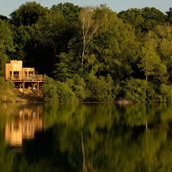 A wooden cabin by a calm lake surrounded by dense green forest.
