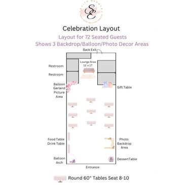 Banquet room layout for 72 seated guests and displaying 3 photo backdrop areas.