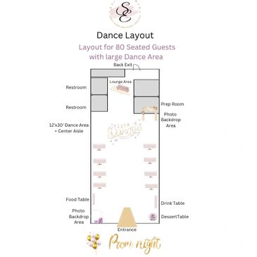Event space layout for a small prom with 80 seated guests and large dance floor area.
