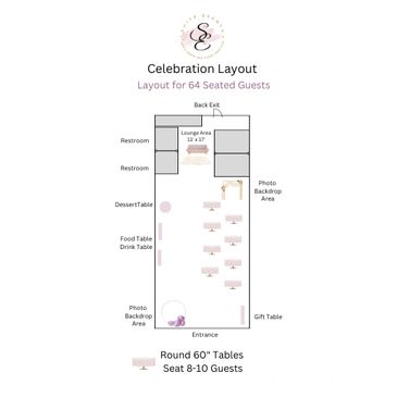 Celebration layout for event space with 64 seated guests. 