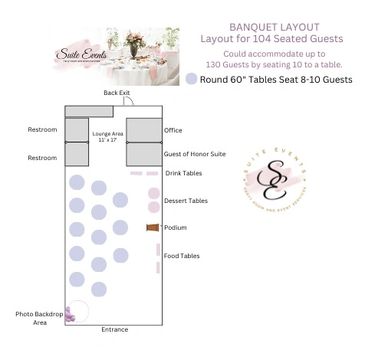 Even room layout for a banquet or awards ceremony for 104 seated guests with speaker podium.