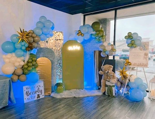 We can bearly wait baby shower theme in blue, green and neutral tones - showing backdrop area.