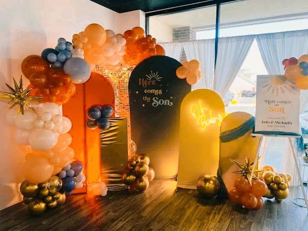 Here comes the Son Baby Shower photo backdrop setup at Suite Events venue in Broken Arrow.