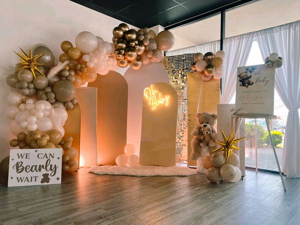 "We Can Bearly Wait" to meet you baby shower theme in dreamy neutrals at Suite Events venue.