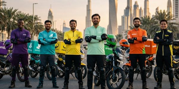 Delivery riders from different companies stand confidently with motorcycles in a city skyline.
