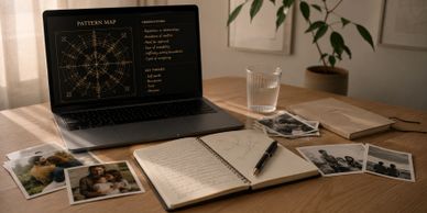 Workspace with a laptop, notebook, pen, and scattered photographs on a wooden table.