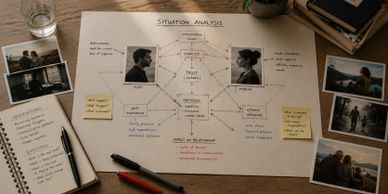 A detailed situation analysis diagram with photos, notes, and pens on a wooden desk.