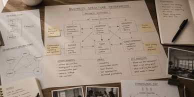 A detailed business structure diagram with notes and photos on a desk.