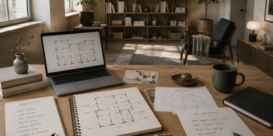 Workspace with architectural floor plans on laptop and notebooks.