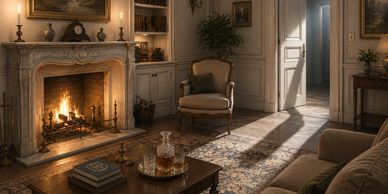 Cozy living room with a lit fireplace and classic furniture.
