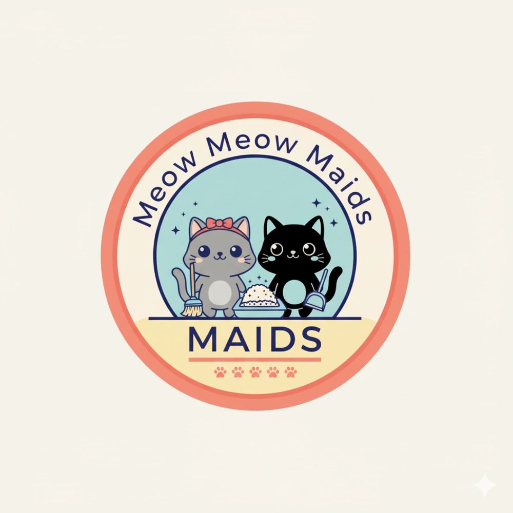 Cute logo of two cartoon cats with cleaning tools for Meow Meow Maids.