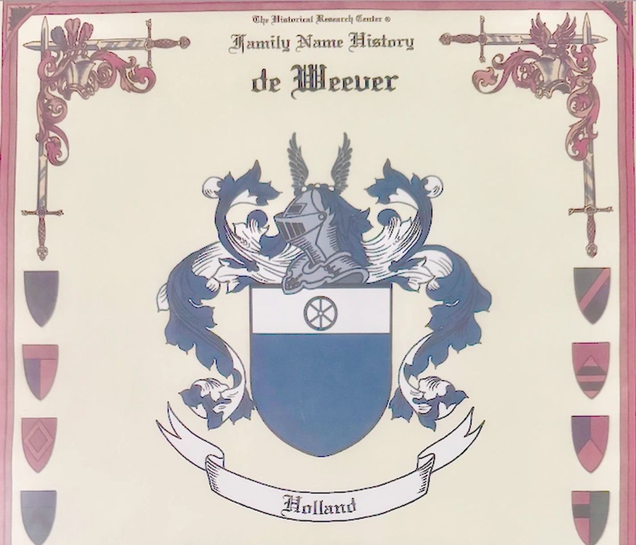 Family name history document for de Weeuer from Holland.