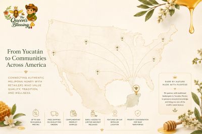 Map showing Queen's Blessing honey connections from Yucatán to America.