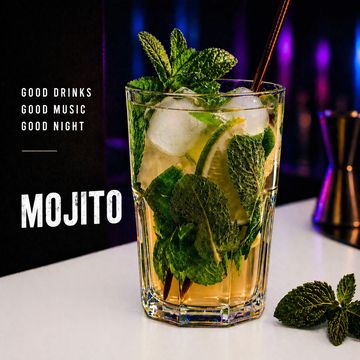 Fresh mojito with mint leaves and ice in a glass, set against a vibrant dark background.