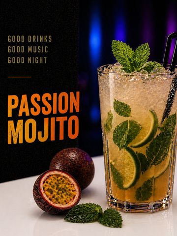 Refreshing passion mojito with lime, mint, and passion fruit.