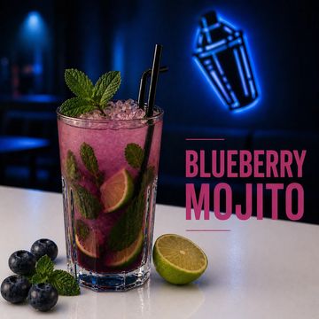 A refreshing blueberry mojito garnished with mint and lime in a dimly lit bar.