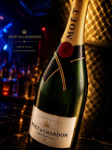 Elegant bottle of Moët &amp; Chandon Impérial Champagne with a luxurious background.