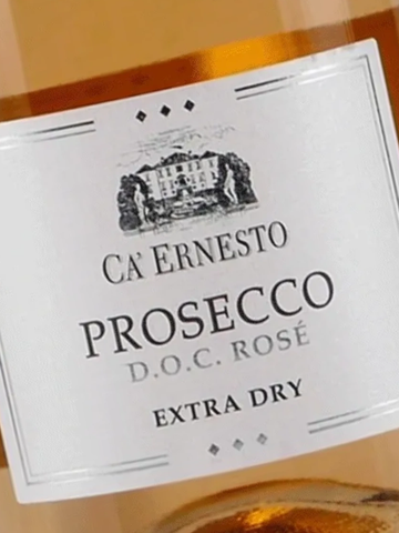 Close-up of a Ca' Ernesto Prosecco D.O.C. Rosé label.