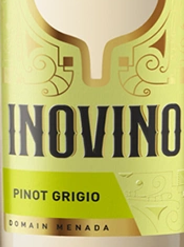 Close-up of Inovino Pinot Grigio wine label with elegant gold and green design.