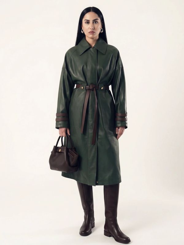 Woman in a green leather coat with brown boots and handbag.