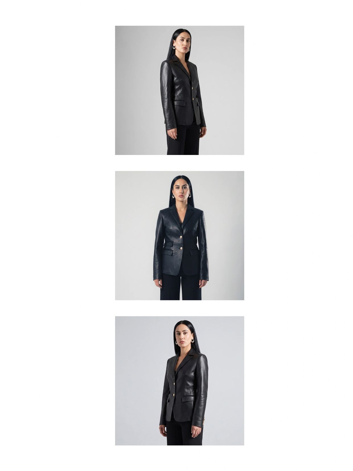 Woman modeling a black leather blazer with gold buttons in three different poses.