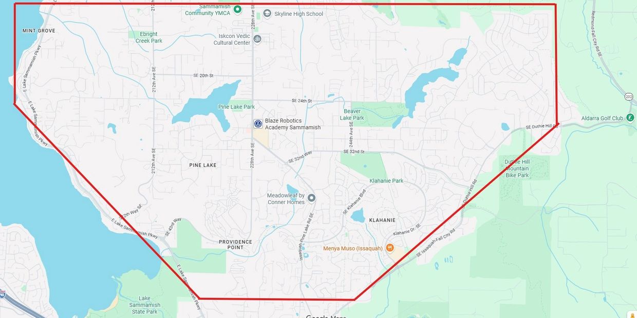 Map of a Pup Bus service area in south Sammamish, Washington: Pine Lake, Klahanie, and Beaver Lake