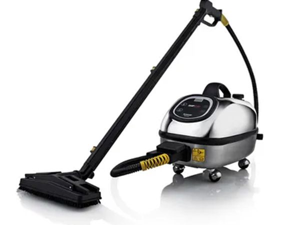 A modern steam cleaner with a long nozzle and wheels for easy mobility.