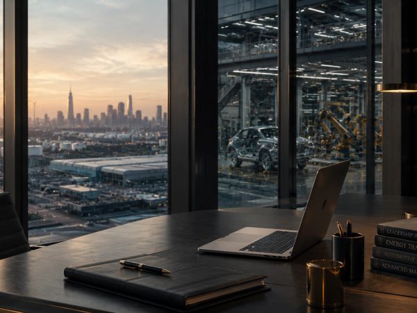 Modern office with a city skyline and an automotive factory view.