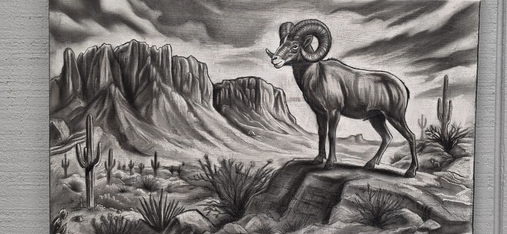 "Looking for a drink" this stunning piece is 24x36 original charcoal on canvas.  Available $500.00