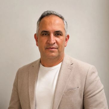 Man in beige blazer and white shirt.