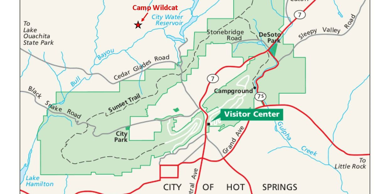 Map showing Camp Wildcat and Visitor Center near Hot Springs, Arkansas.