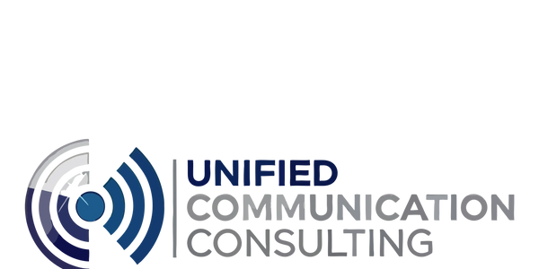 Logo for Unified Communication Consulting with blue and gray soundwave design.