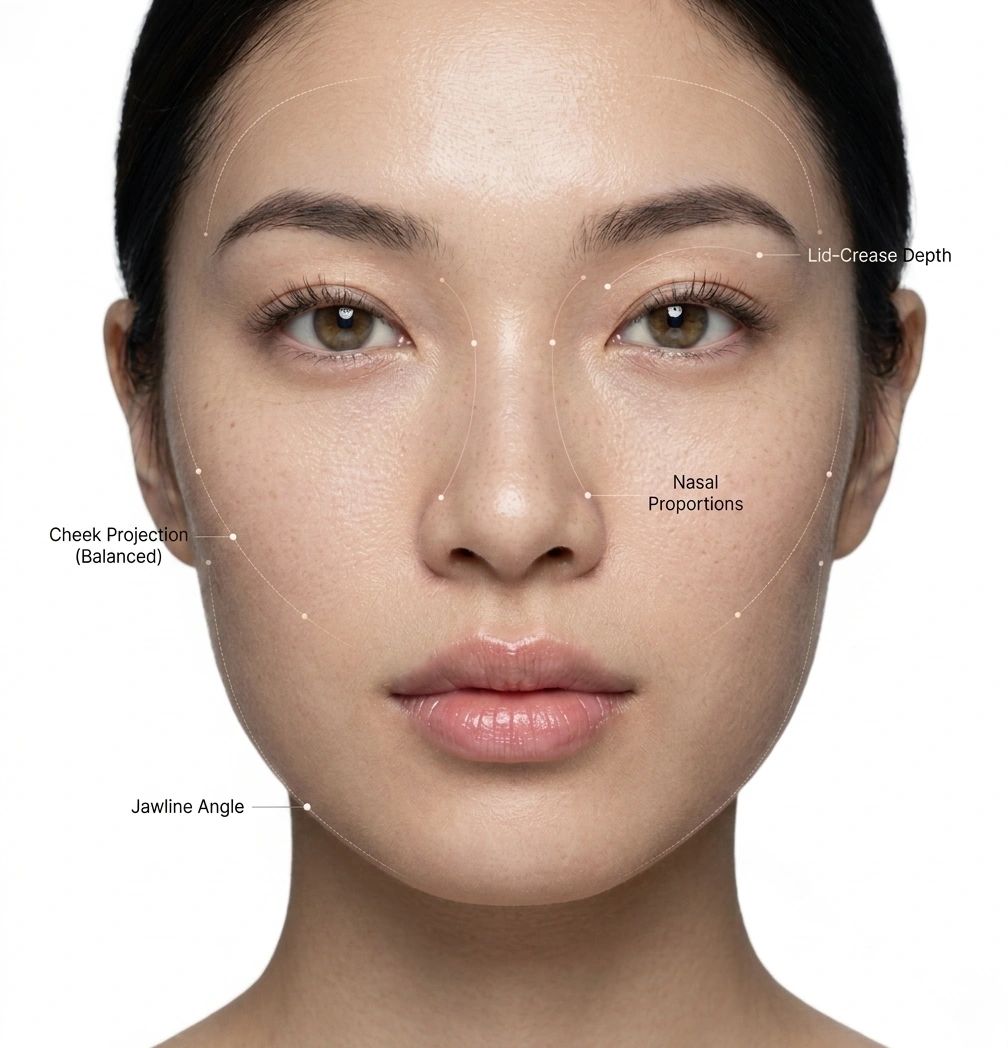 Facial features labeled with balanced cheek projection and nasal proportions.