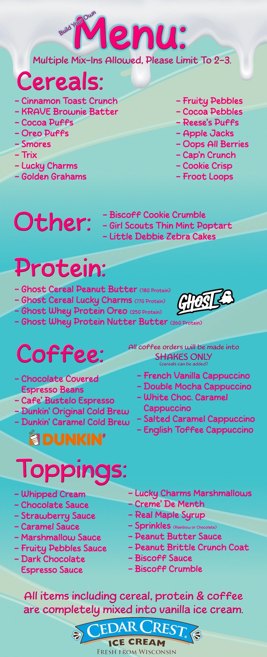 Colorful menu for build-your-own ice cream with cereals, proteins, coffee, and toppings.